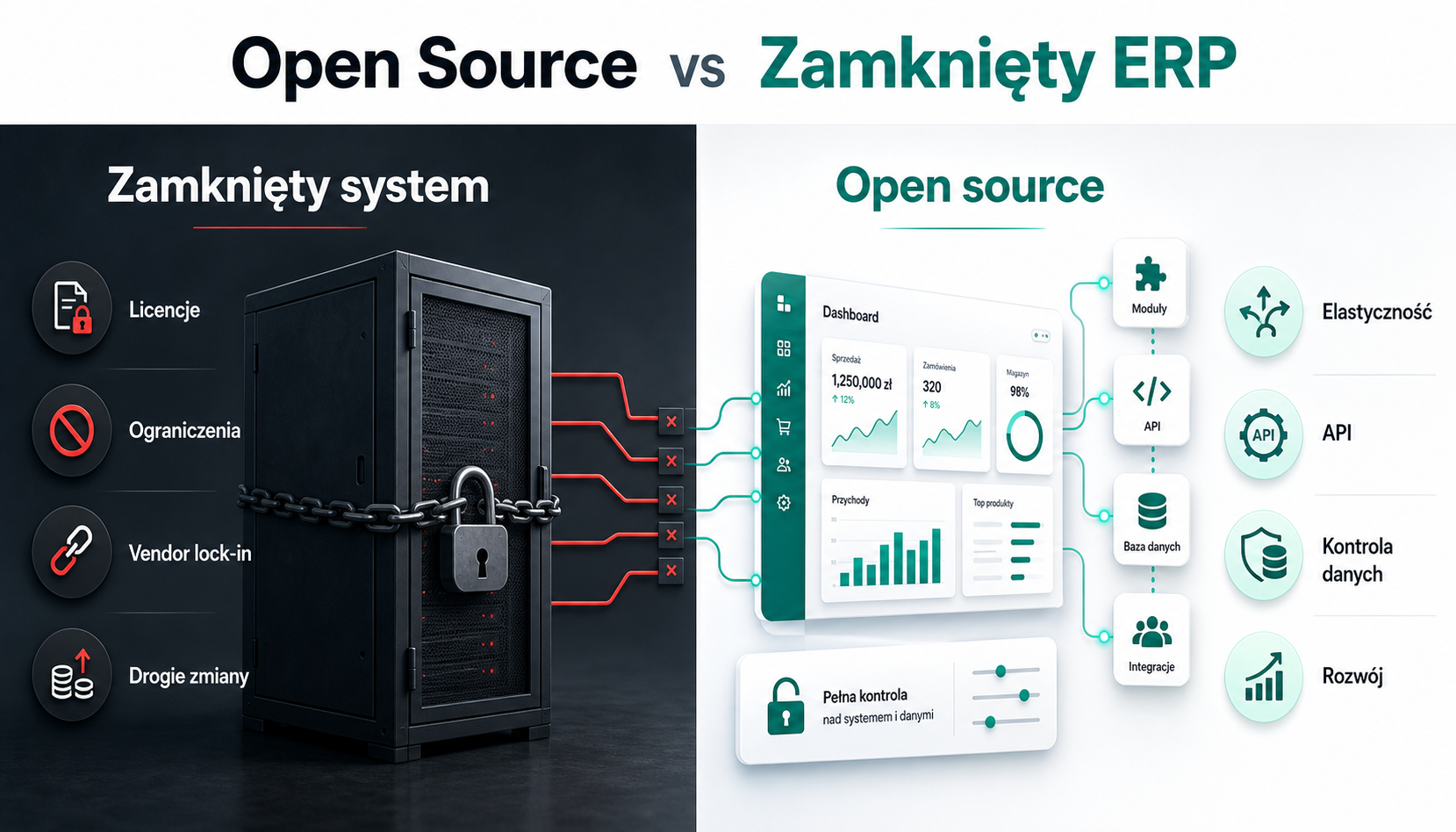 Infografika Open Source vs Zamknięty ERP