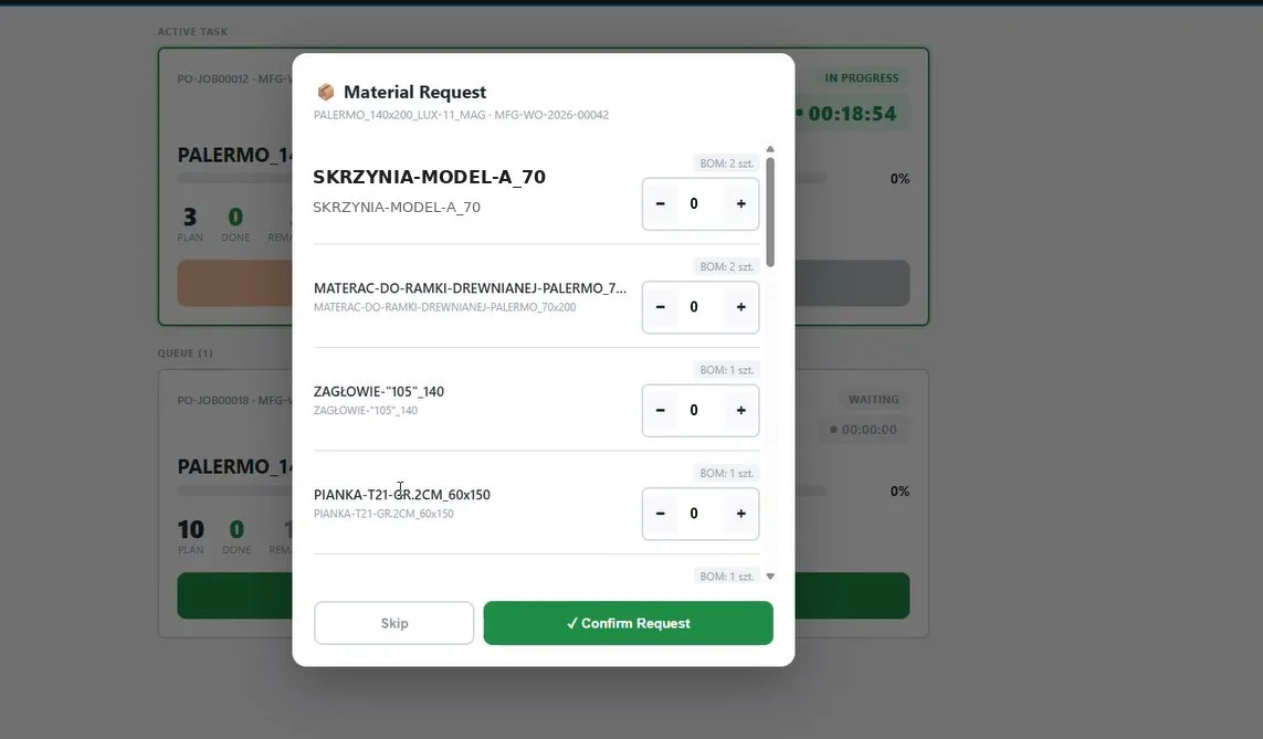 Downloading materials from the ERPNext warehouse - operator view