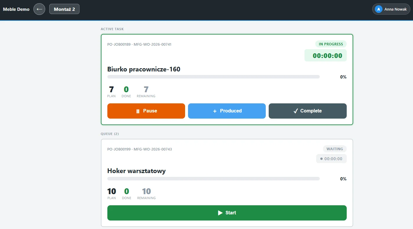 ERPNext operator panel: the active task at a workstation and today's queue