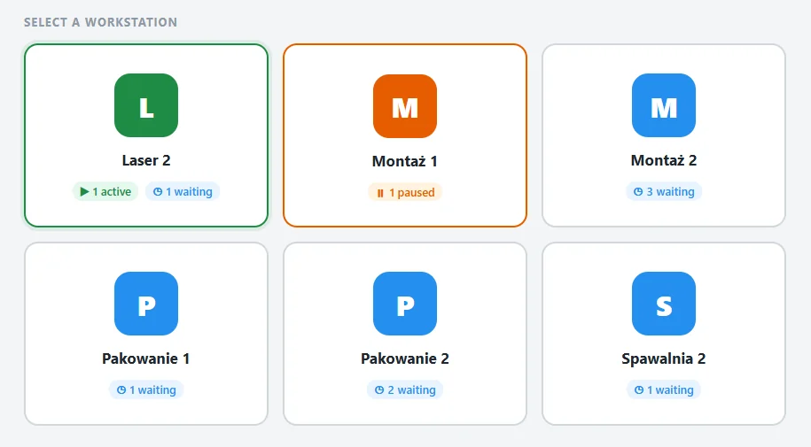 ERPNext operator panel: workstation selection with tasks in progress and in the queue