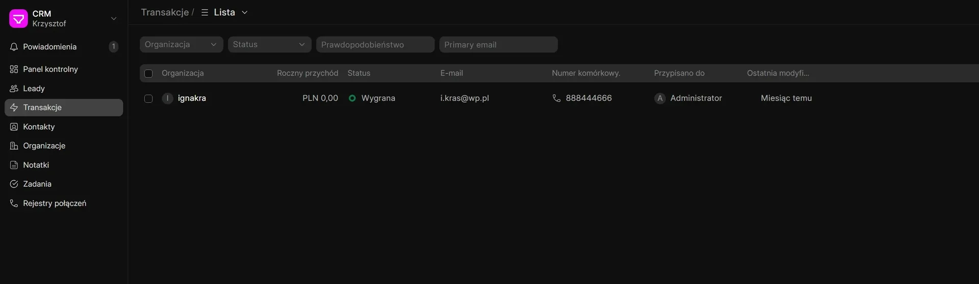 Frappe CRM - lista transakcji